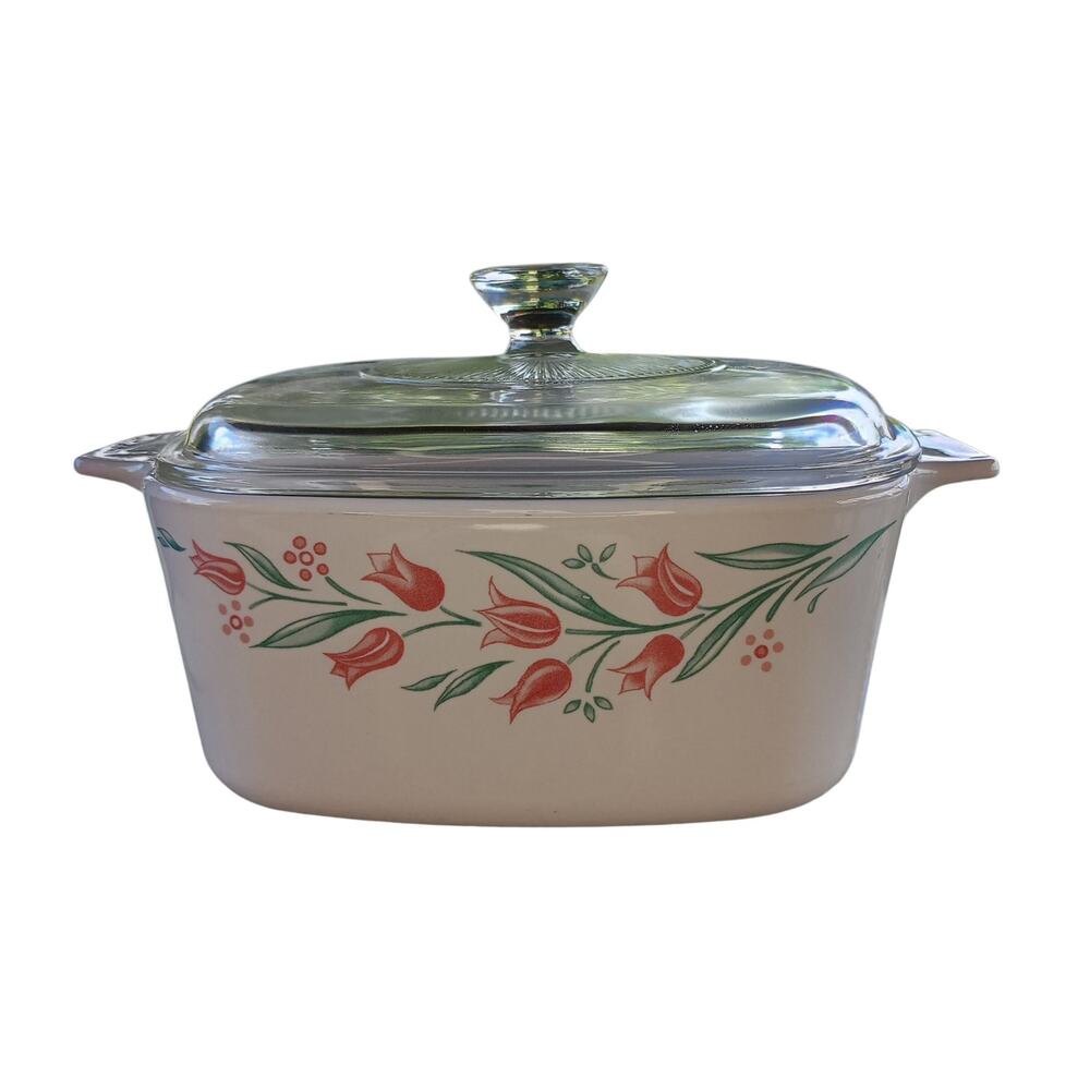 CorningWare A-1.5 Rosemarie Pattern Casserole Dish w Pyrex Lid Pink Tulip USA